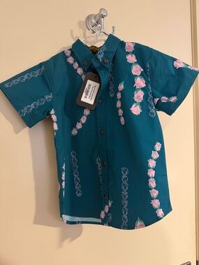 Kahulalea Teal Short-Sleeve Button-Down Shirt with Pink Rose Print